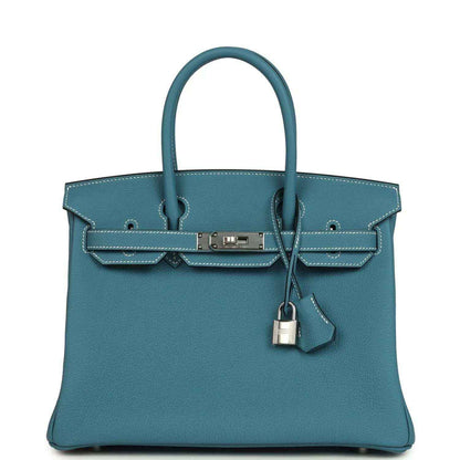 Hermes Birkin 30 handbag in blue leather with top handles, front flap, palladium clasp