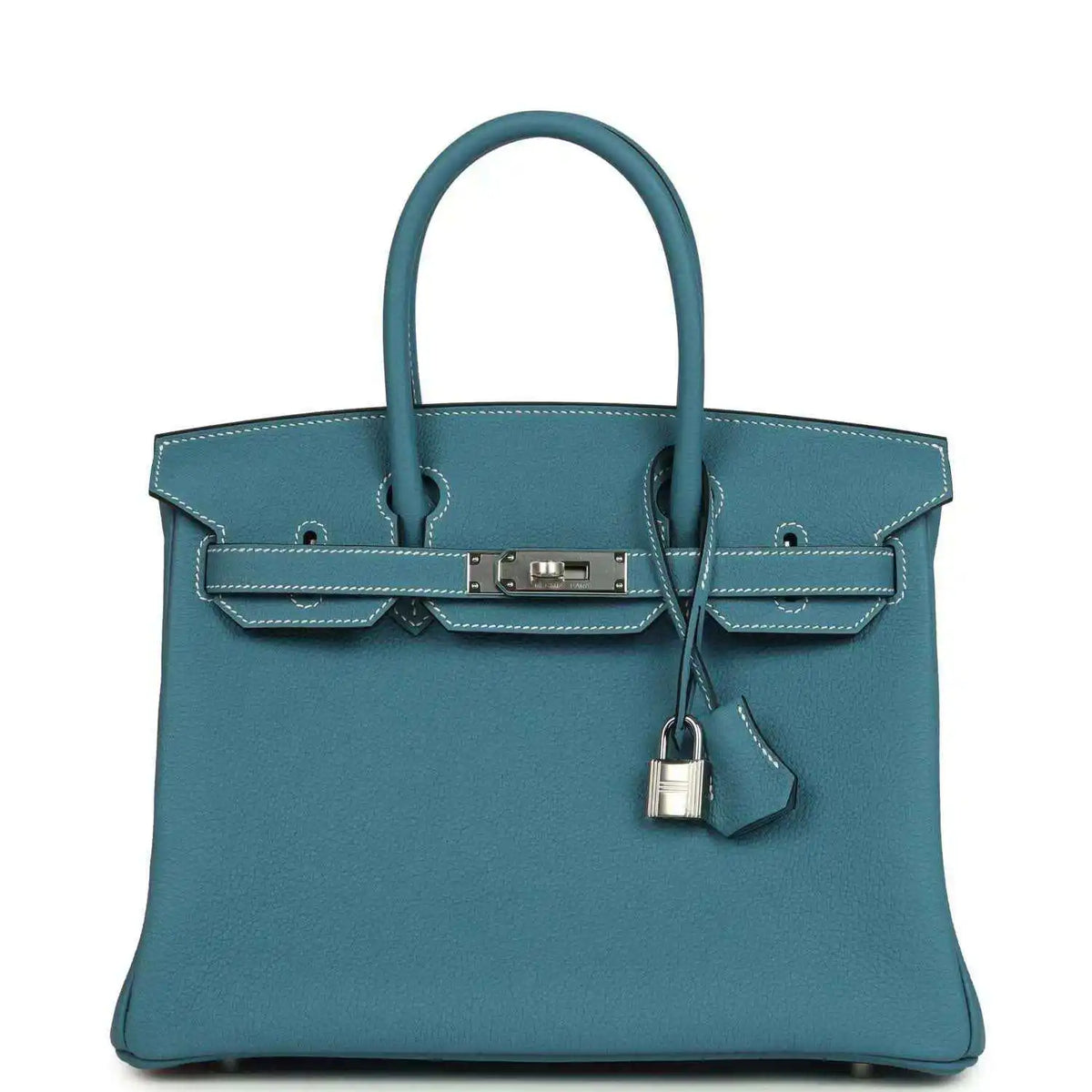 Hermes Birkin 30 handbag in blue leather with top handles, front flap, palladium clasp