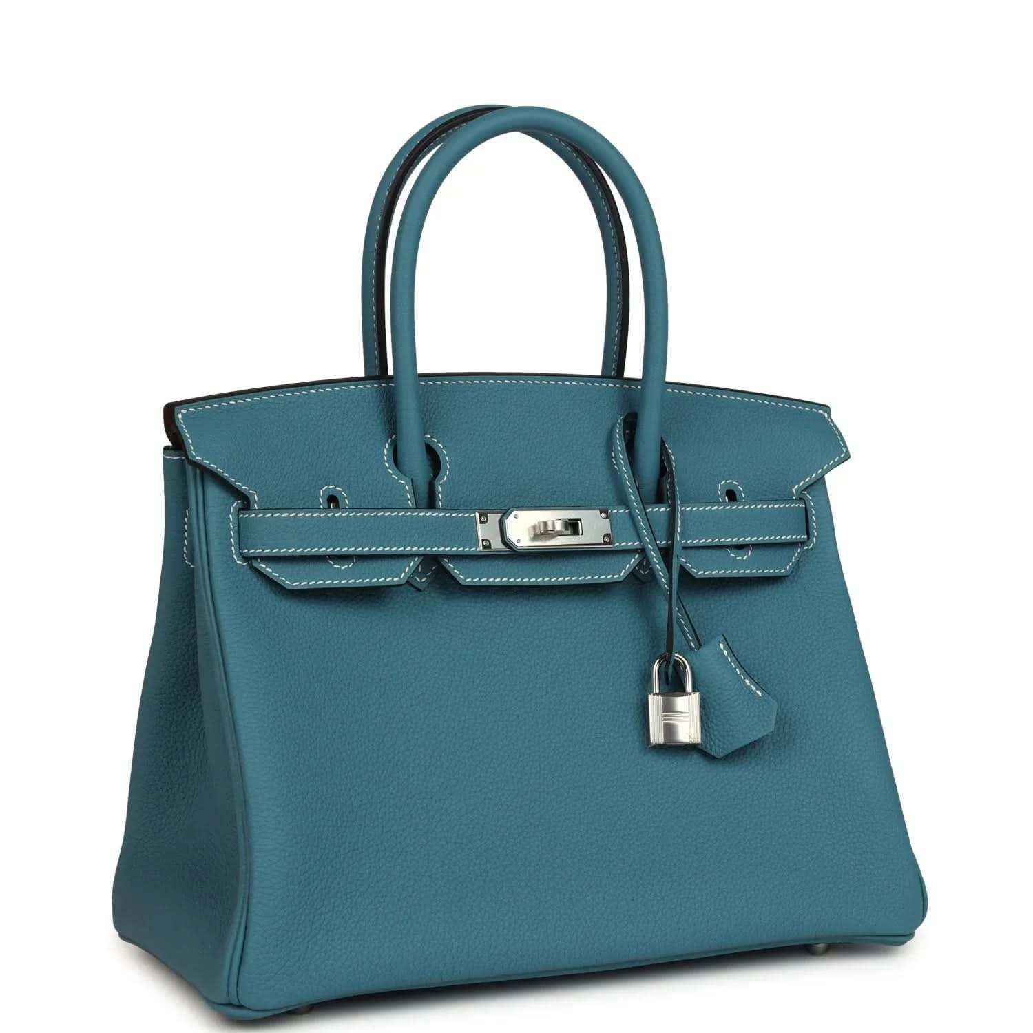 Hermes Birkin 30 handbag in blue leather with front flap and palladium turn-lock