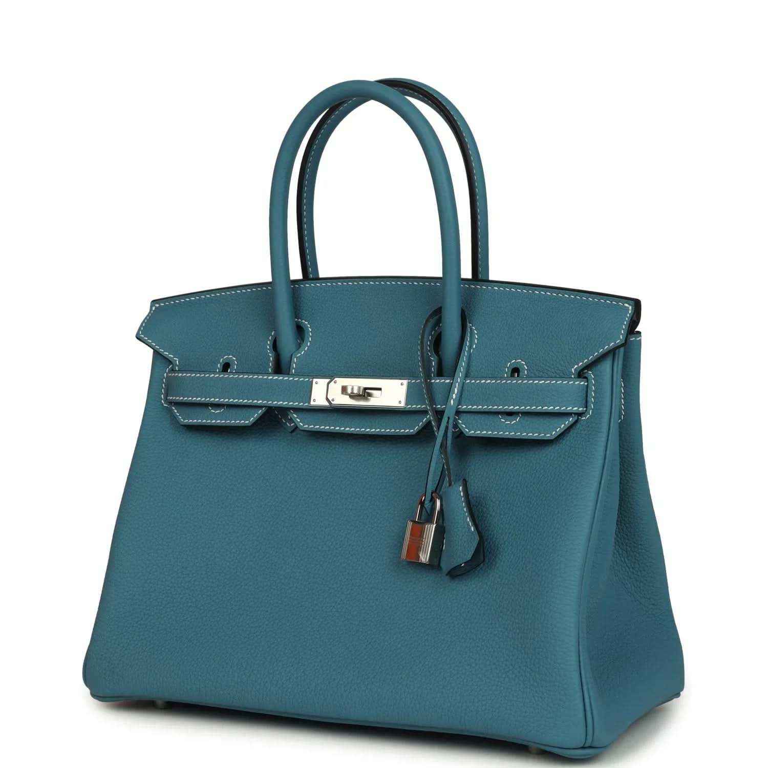 Hermes Birkin 30 handbag in blue leather with front flap, palladium clasp and hanging lock