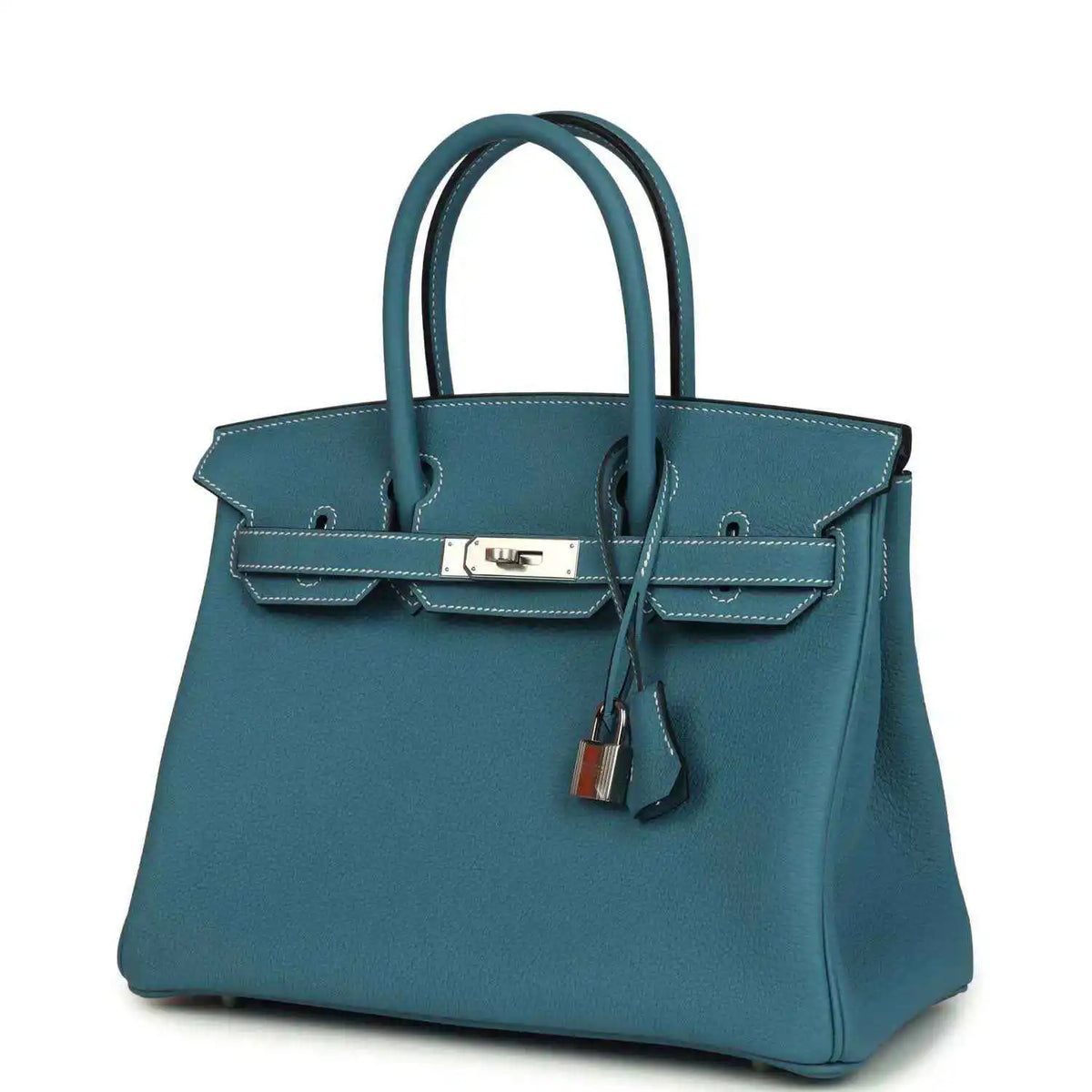Hermes Birkin 30 handbag in blue leather with front flap, palladium clasp and hanging lock