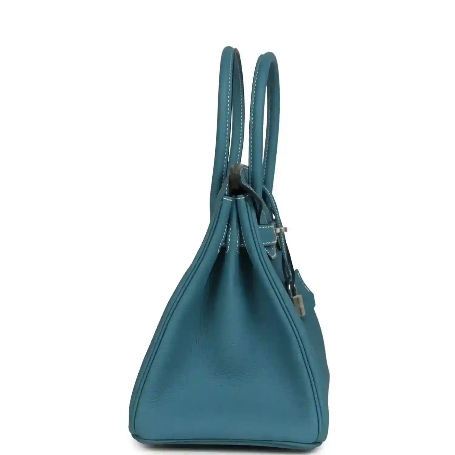 Hermes Birkin 30 handbag, blue leather side profile with top handles and seam detail