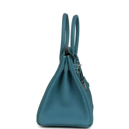 Hermes Birkin 30 handbag, blue leather side profile with top handles and seam detail