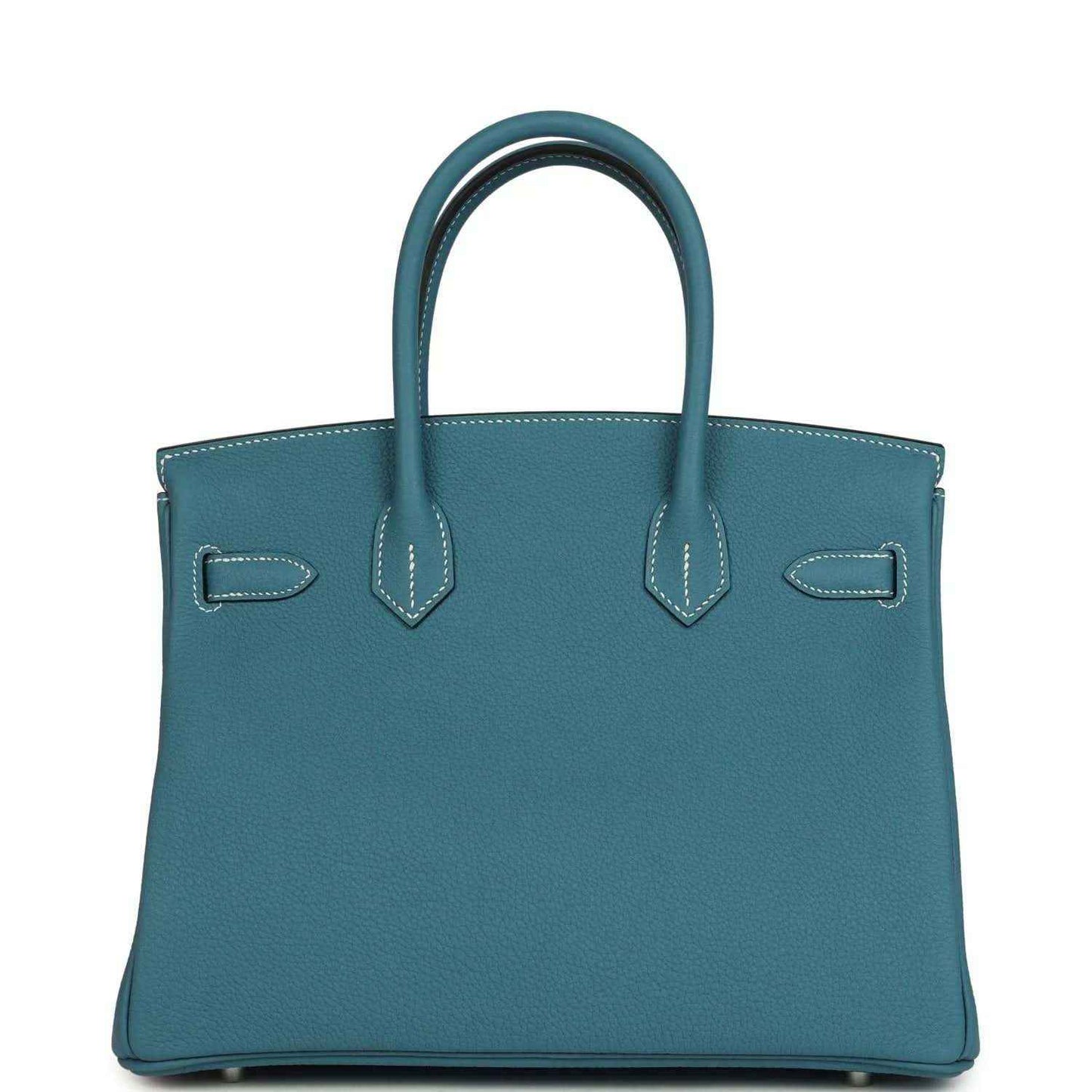 Hermes Birkin 30 handbag in blue leather with front belt tabs and contrast stitching