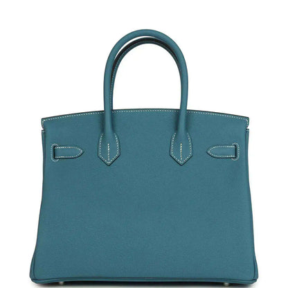 Hermes Birkin 30 handbag in blue leather with front belt tabs and contrast stitching