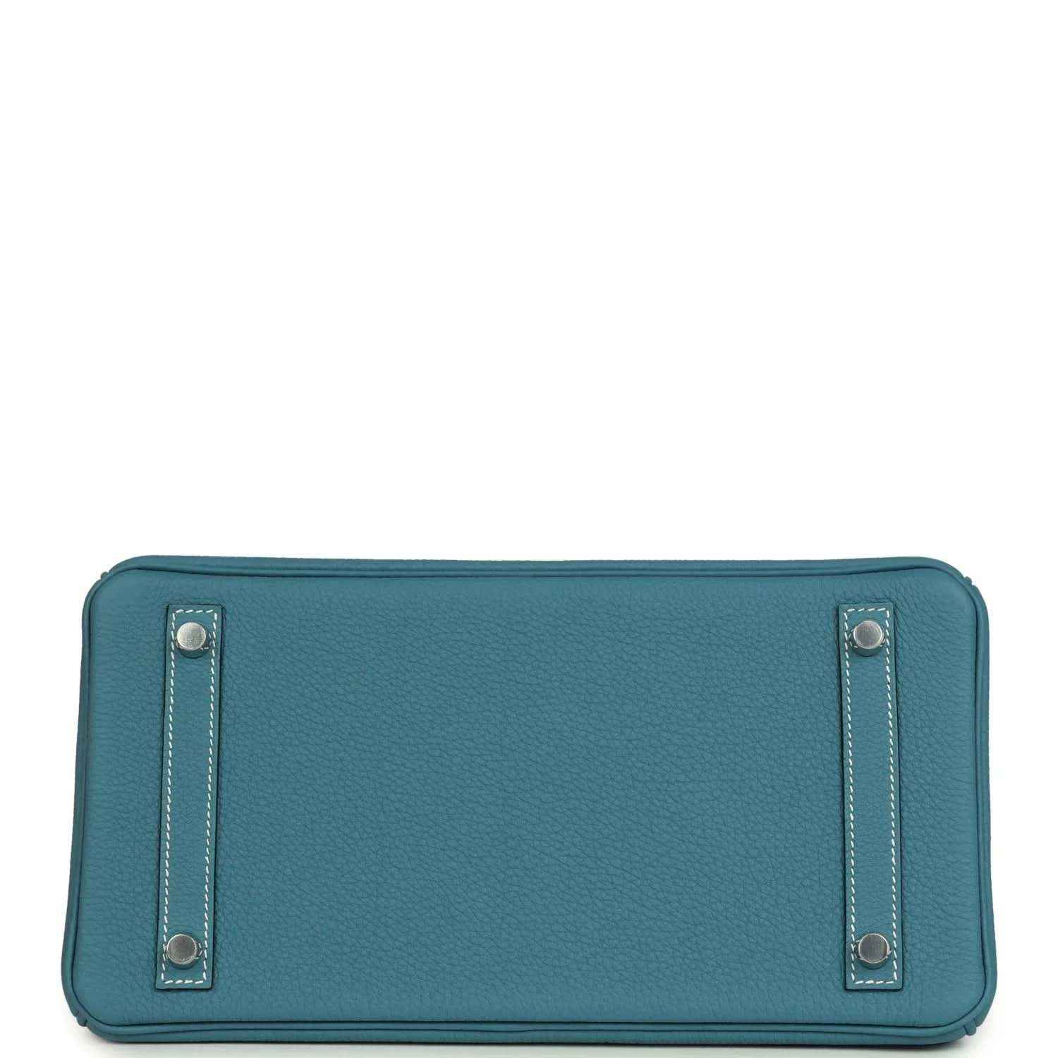 Hermes Birkin 30 handbag base in blue leather with two metal feet and edge stitching