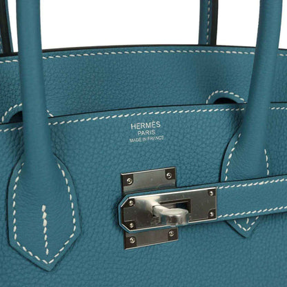Hermes Birkin 30 handbag interior stamp and palladium turn-lock hardware on blue leather