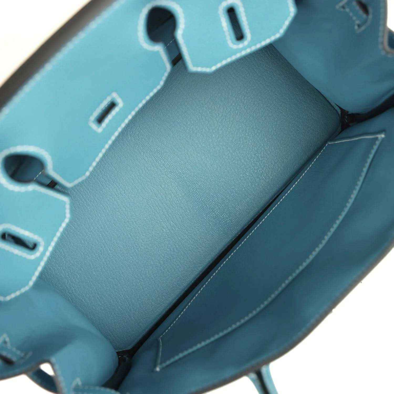 Hermes Birkin 30 handbag interior in blue leather with stitch trim at the opening