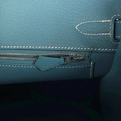 Hermes Birkin 30 handbag interior zipper pocket with blue leather tab and stitching