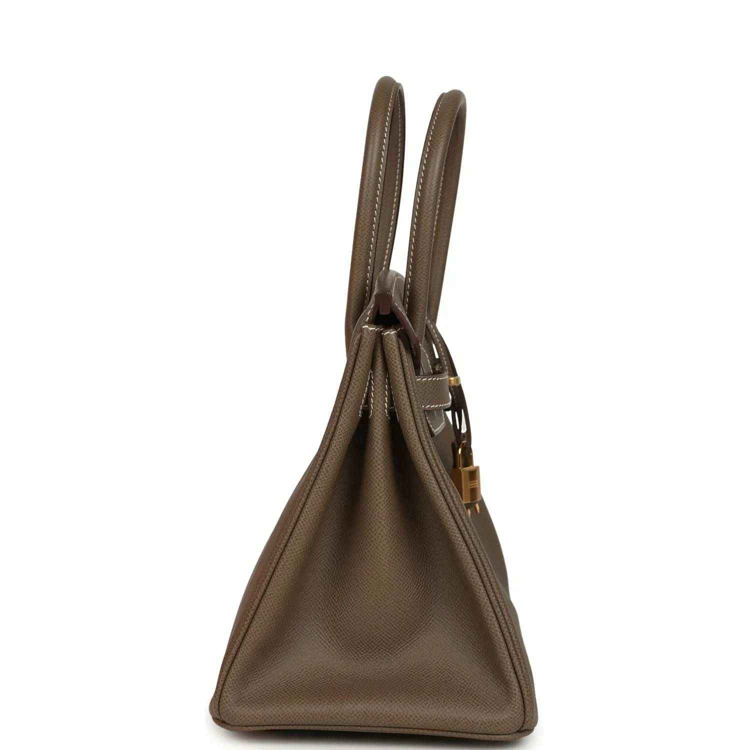 Etoupe leather Birkin 30 side view with strap-like handles and gold hardware