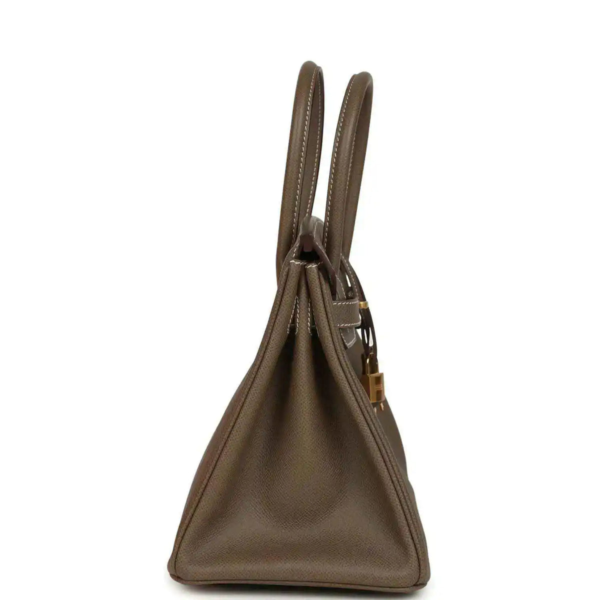 Etoupe leather Birkin 30 side view with strap-like handles and gold hardware