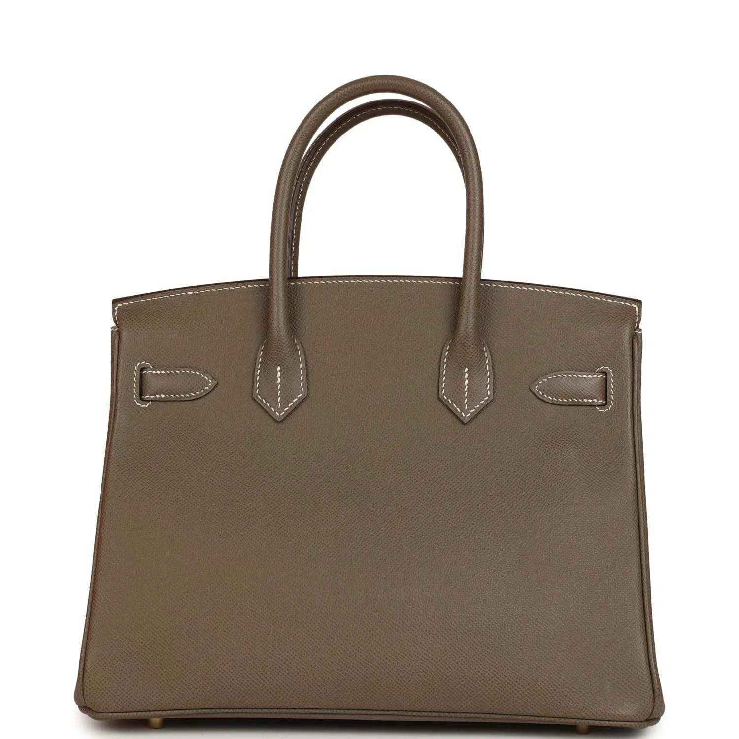 Etoupe leather Birkin 30 front view with flap detailing, top stitching, and gold hardware