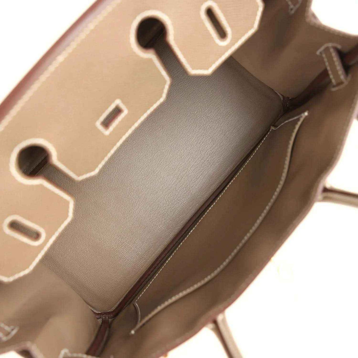 Etoupe leather Birkin 30 interior with structured lining and leather divider