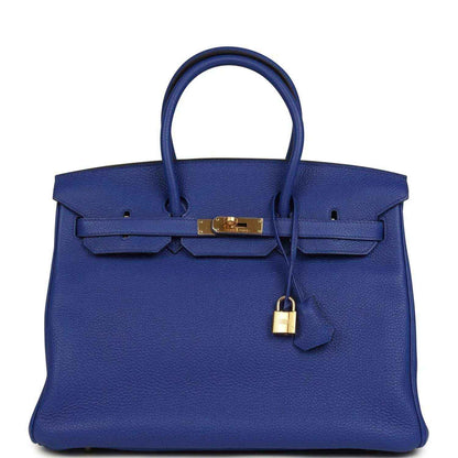Hermes Birkin 35 handbag, blue Togo leather, gold hardware, top handles