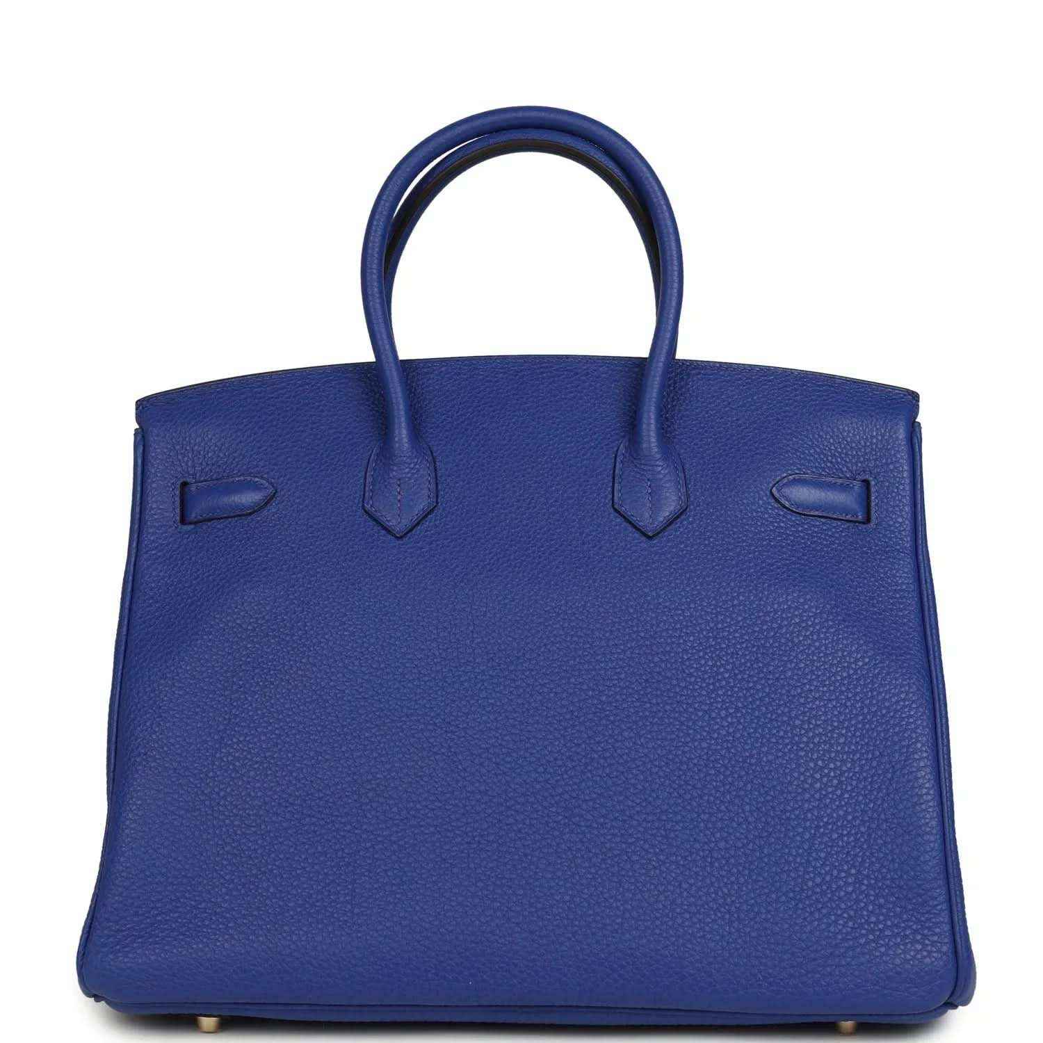 Hermes Birkin handbag in blue textured leather with front flap and gold hardware