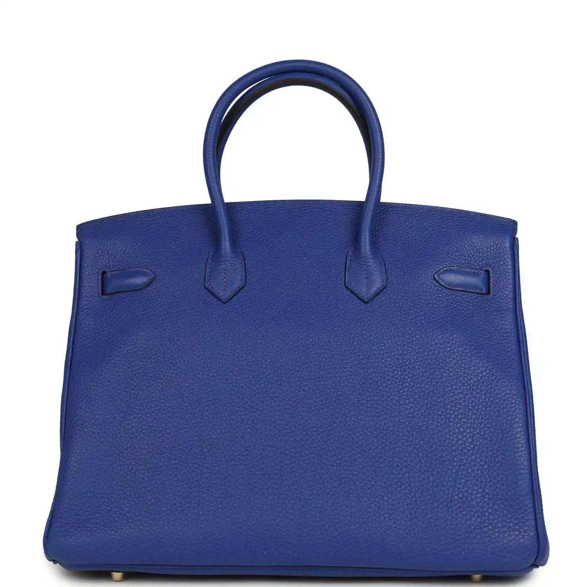 Hermes Birkin handbag in blue textured leather with front flap and gold hardware