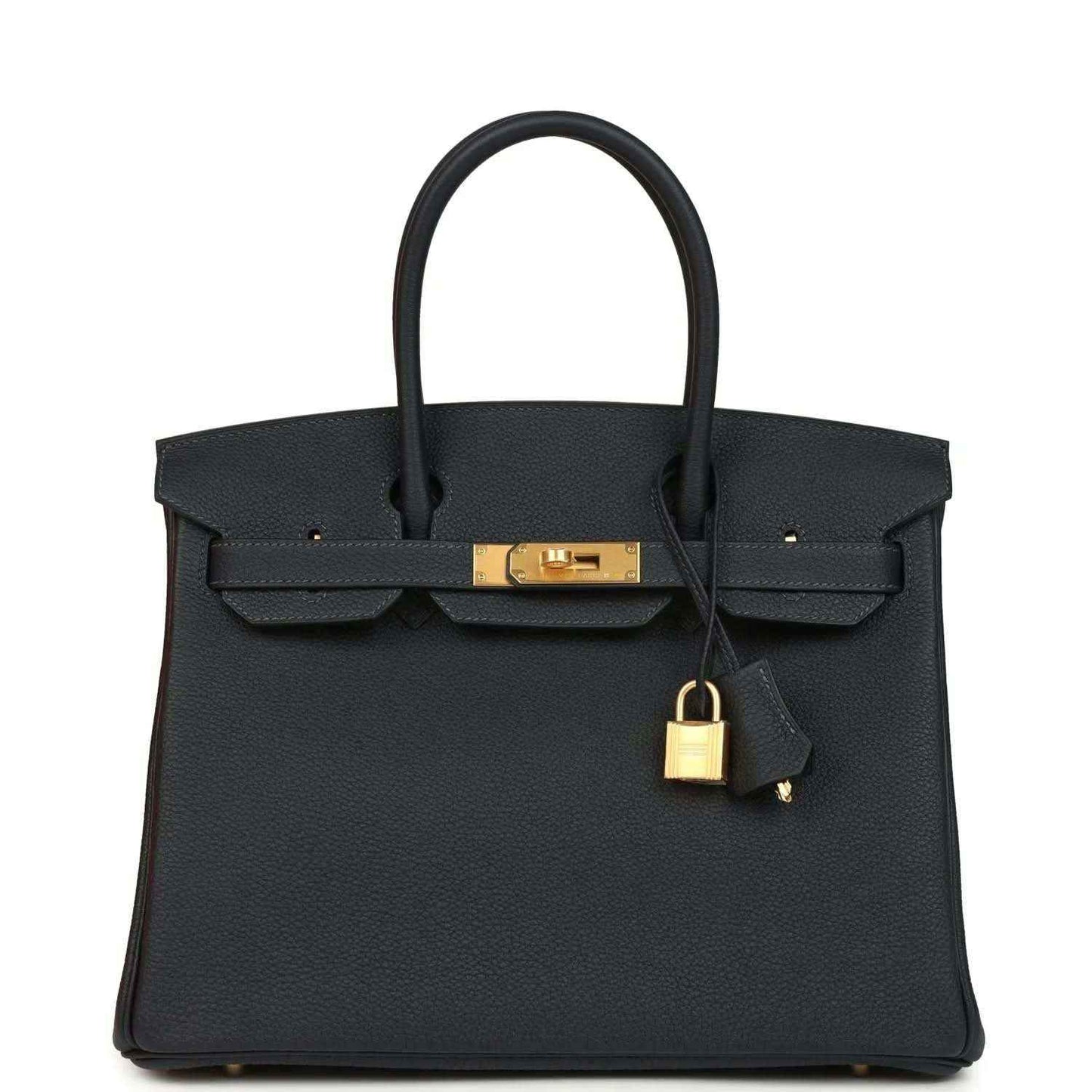 Hermes Birkin 30 leather handbag in dark with top handles and gold-tone lock