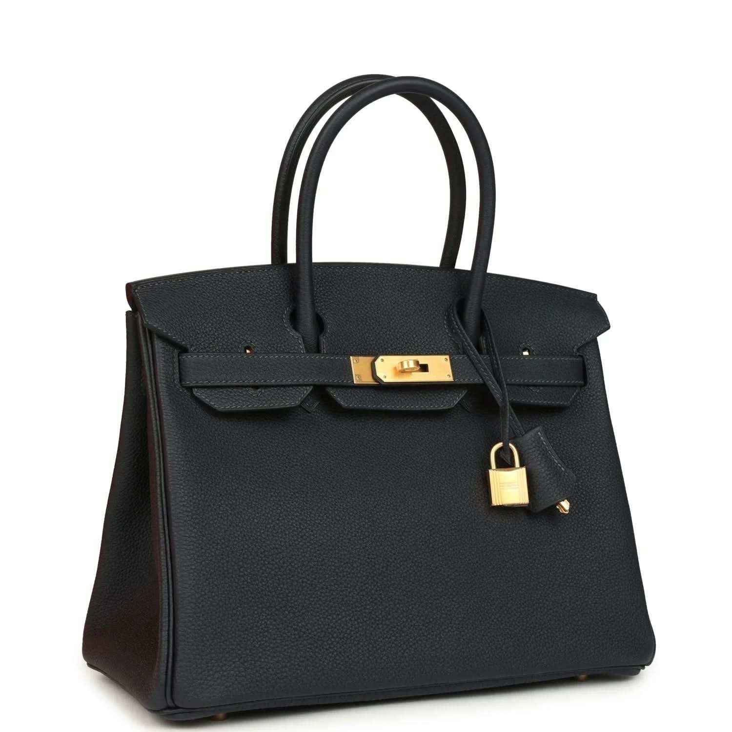 Hermes Birkin 30 leather handbag with front flap, gold-tone hardware, and hanging lock