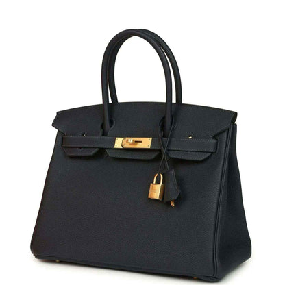 Hermes Birkin 30 leather handbag front view with gold-tone lock and top handles