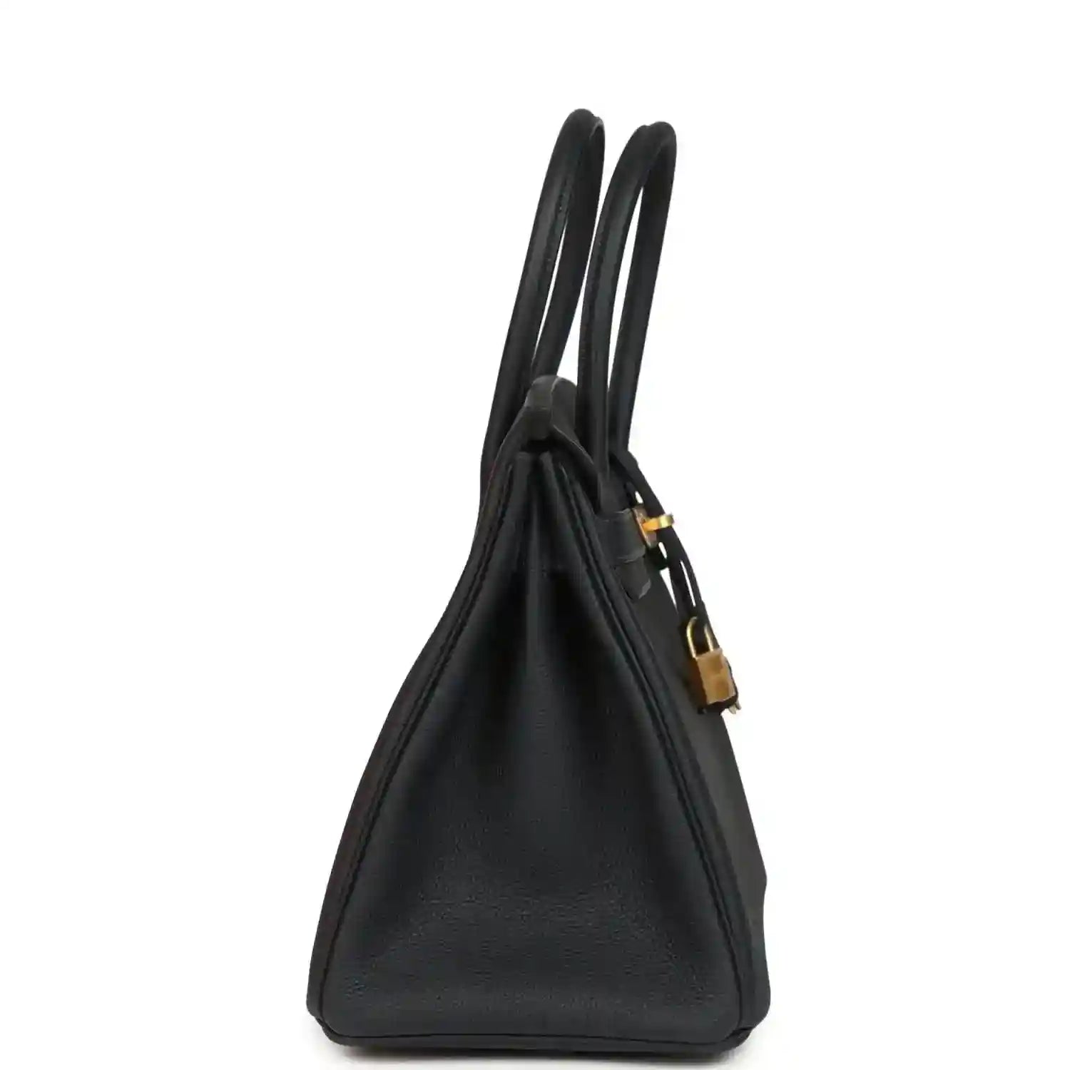 Hermes Birkin 30 leather handbag side view with top handles and gold-tone clasp