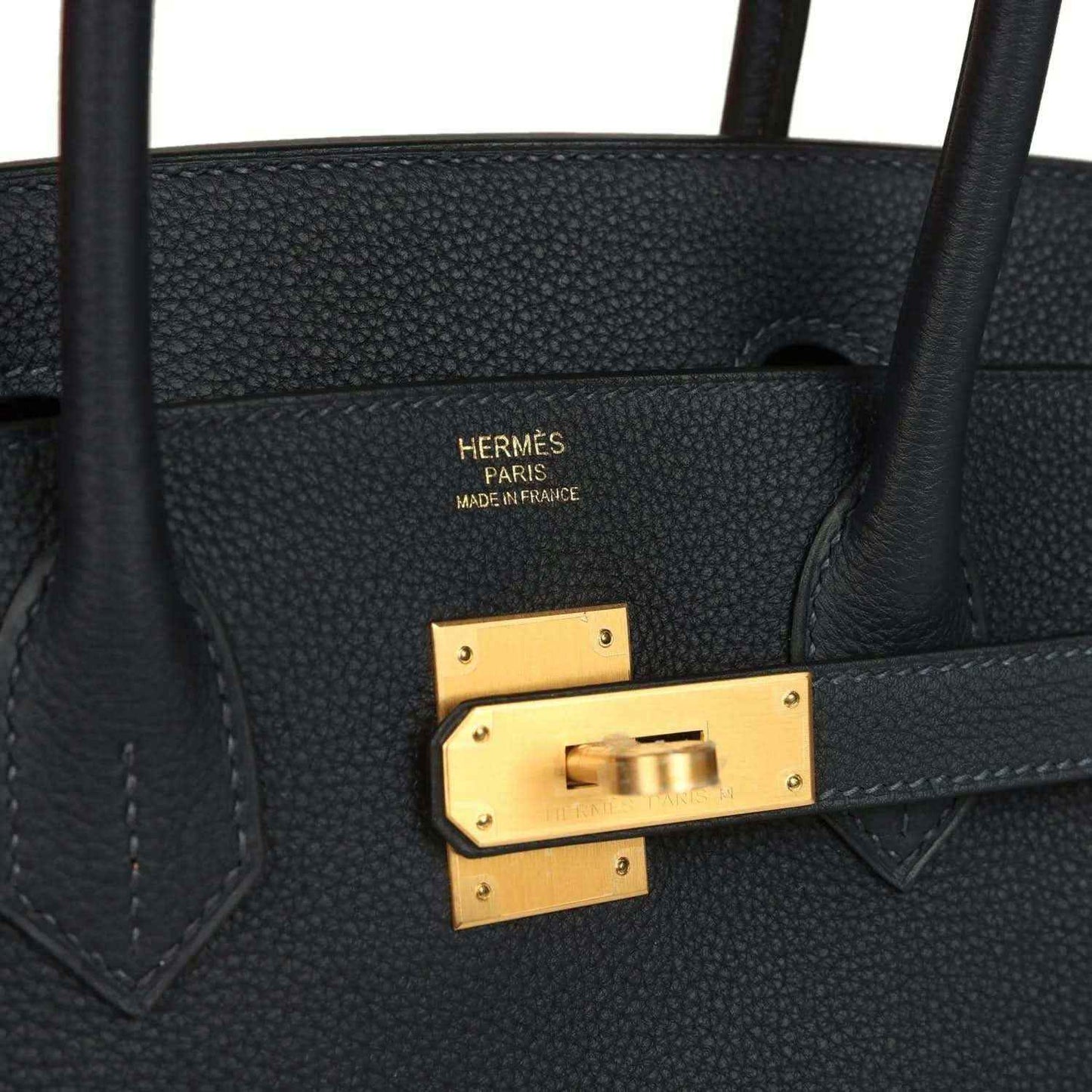 Hermes Birkin 30 handbag interior showing gold-tone lock plate and stitching
