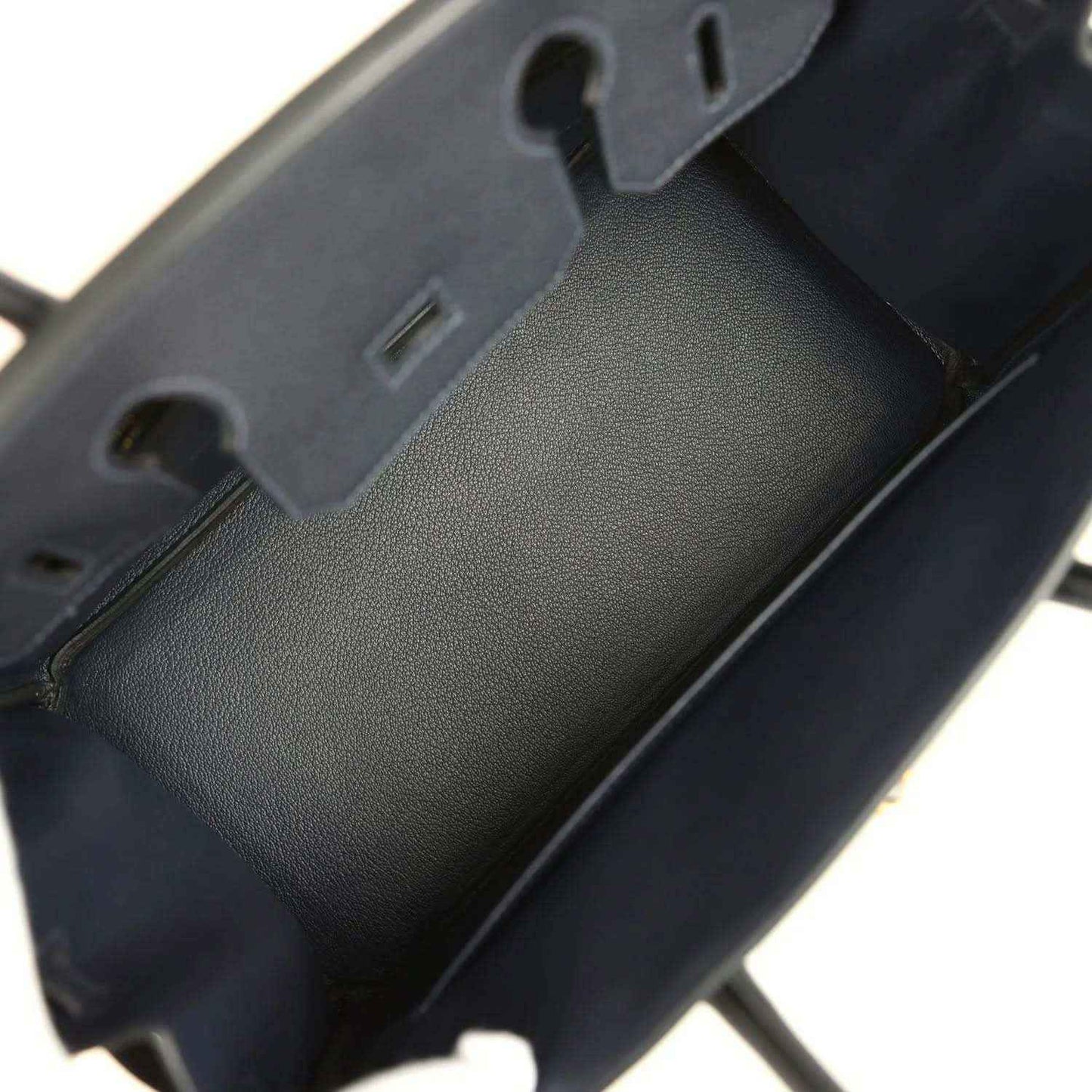 Hermes Birkin 30 interior lining with dark leather panels and divider accents