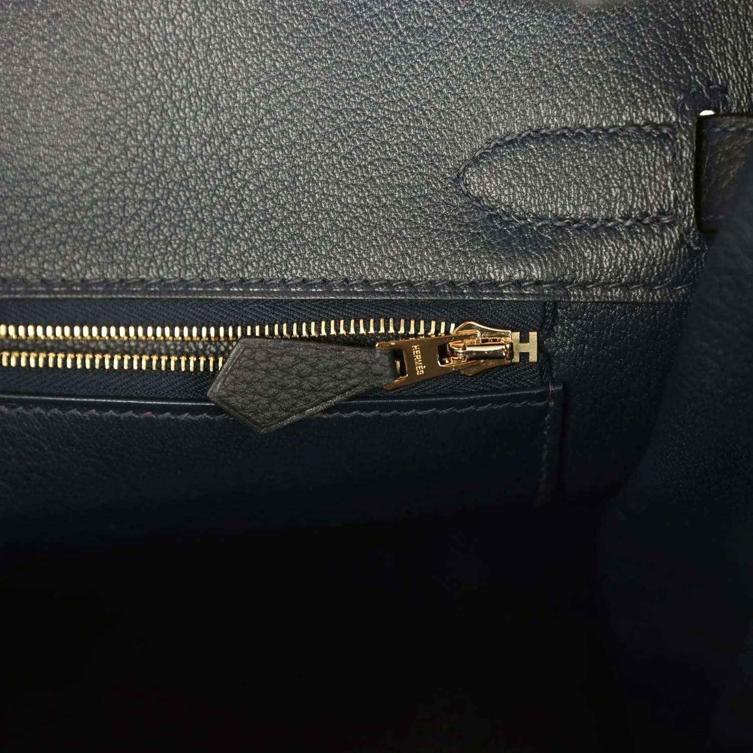 Hermes Birkin 30 interior zip pocket with gold-tone zipper pull