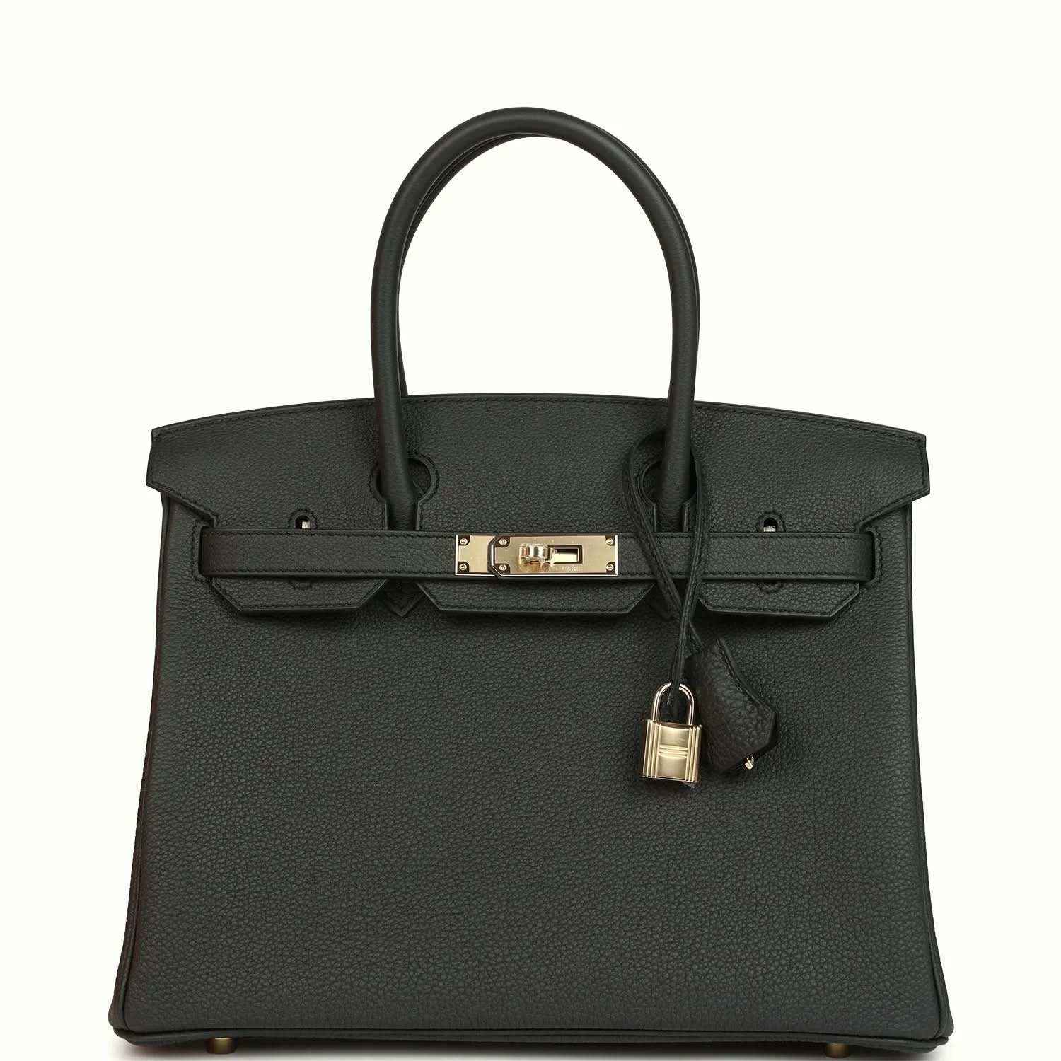 Dark green Togo leather handbag with top handles and front strap clasp