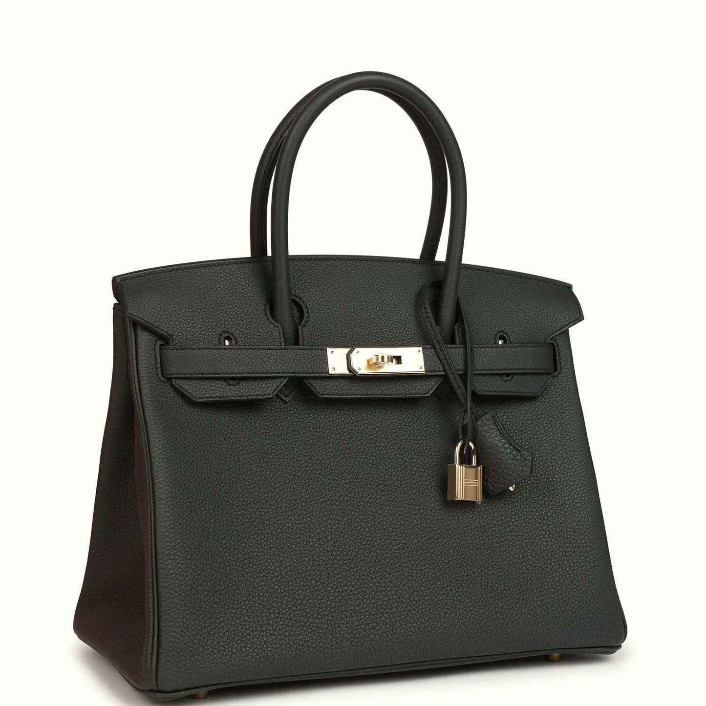 Dark green Togo leather handbag with top handles, front clasp, and hanging padlock