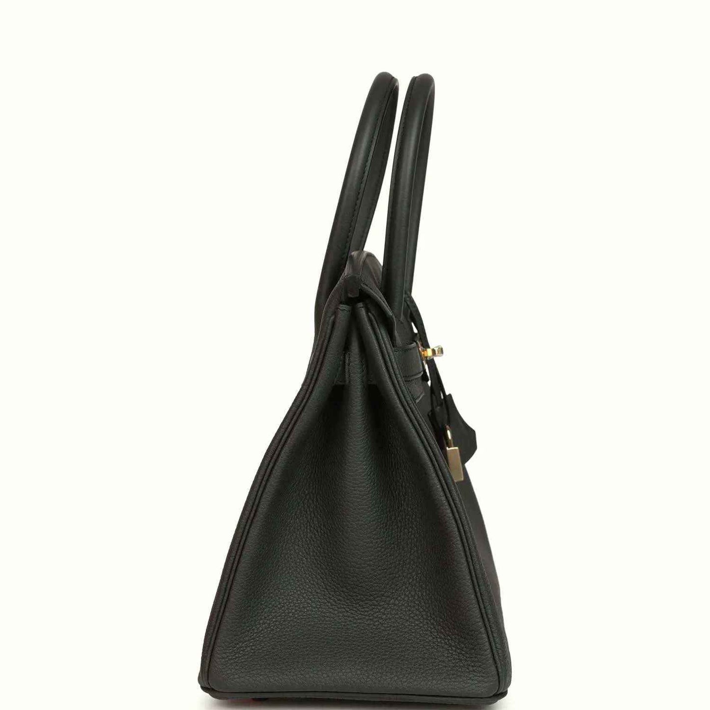 Dark green Togo leather handbag side view with dual top handles