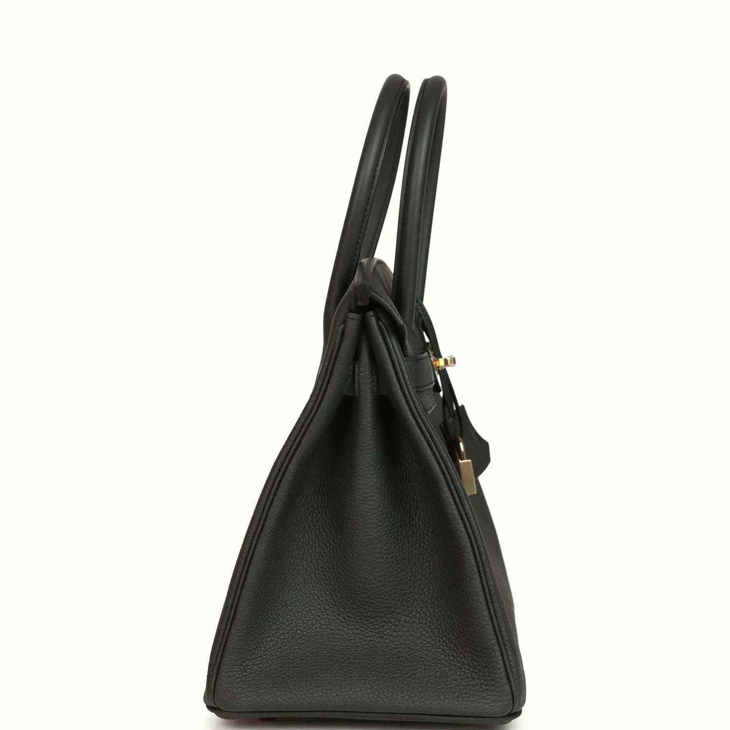 Dark green Togo leather handbag side view with dual top handles
