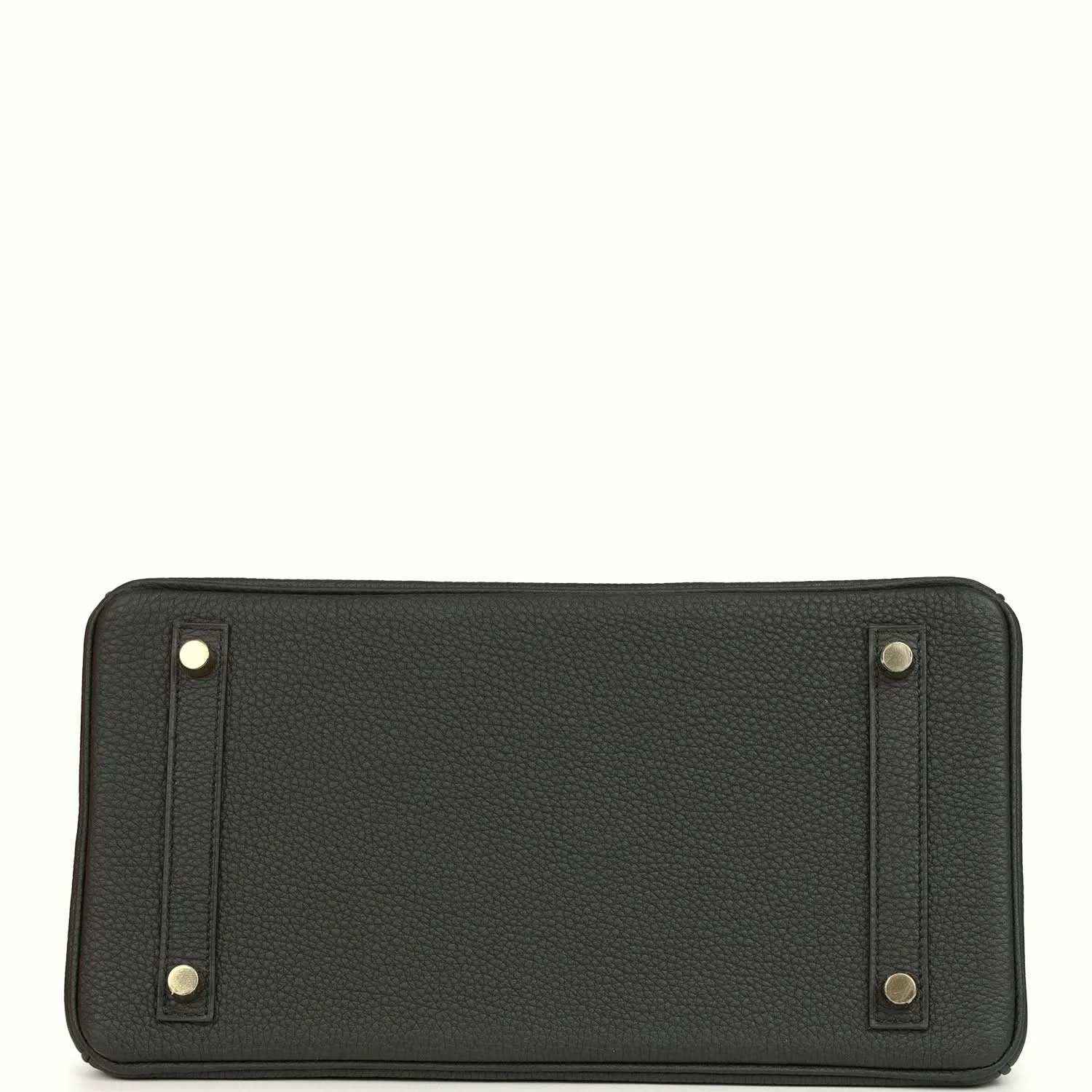 Dark green leather pouch with corner metal studs and centered seam