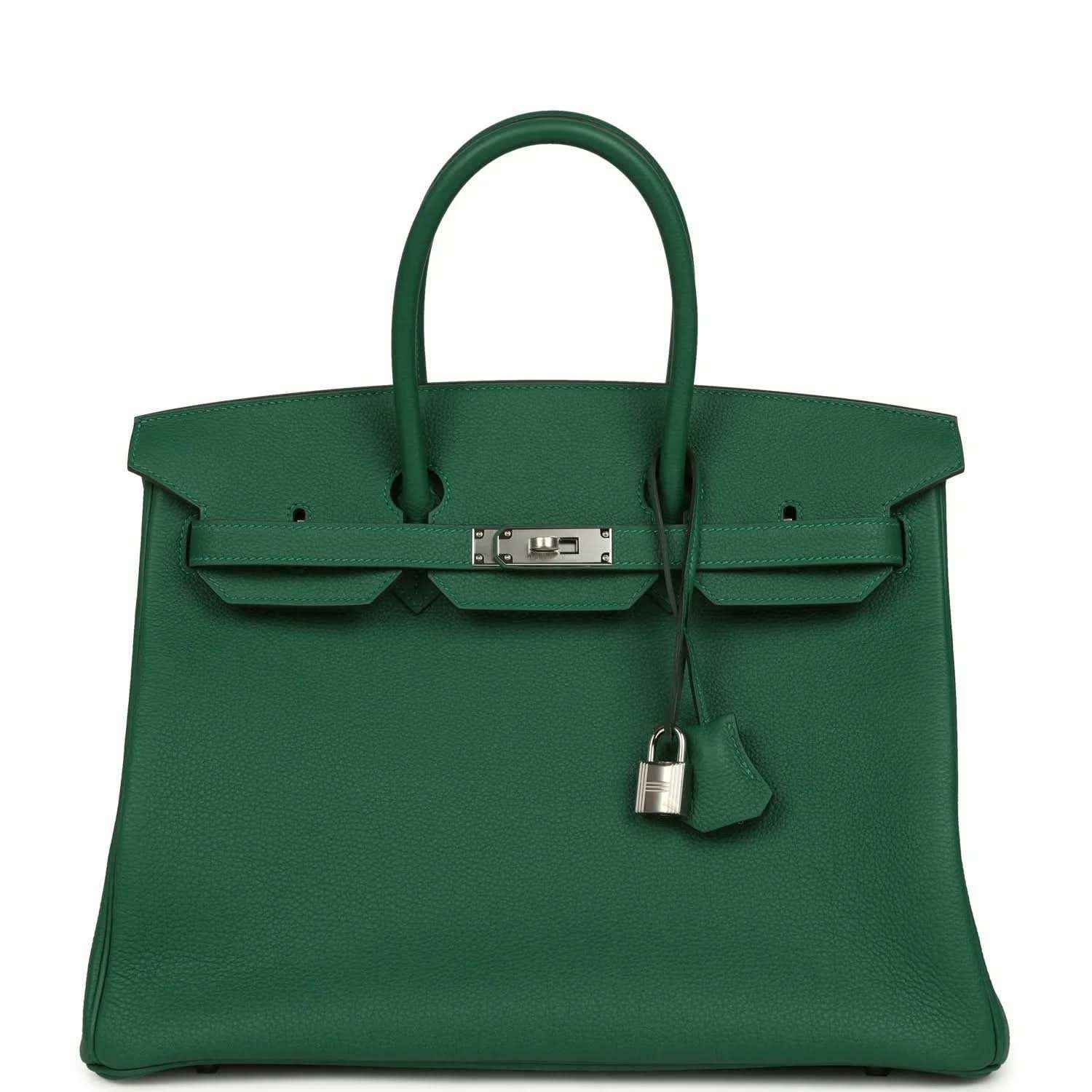 Green leather handbag with top handles, front flap, and silver-tone lock hardware
