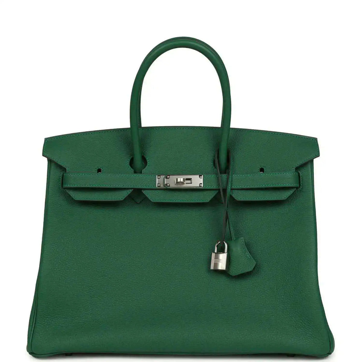 Green leather handbag with top handles, front flap, and silver-tone lock hardware