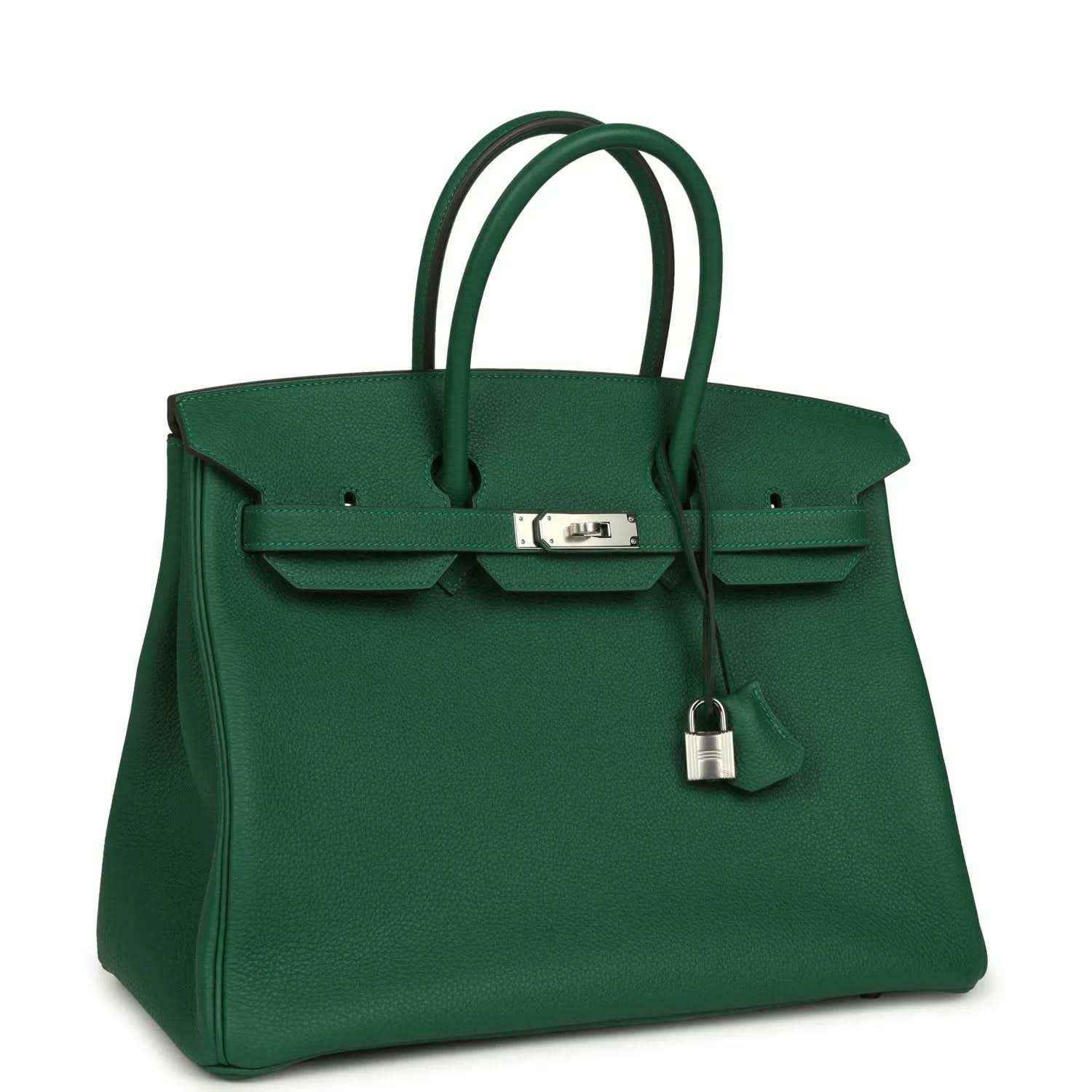 Green leather handbag with top handles and front flap featuring silver-tone lock hardware