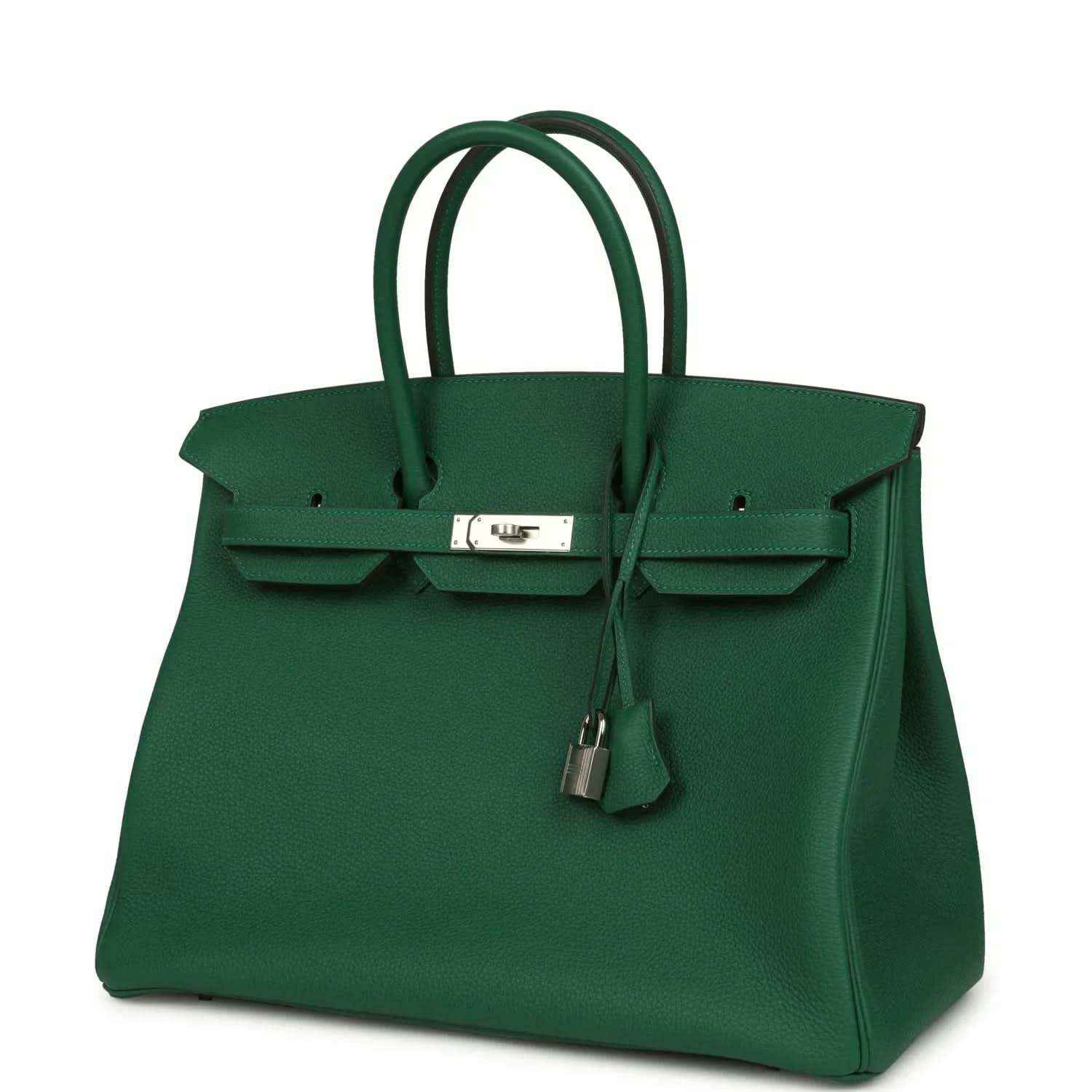 Green leather handbag with top handles, front flap, and silver-tone lock with charm