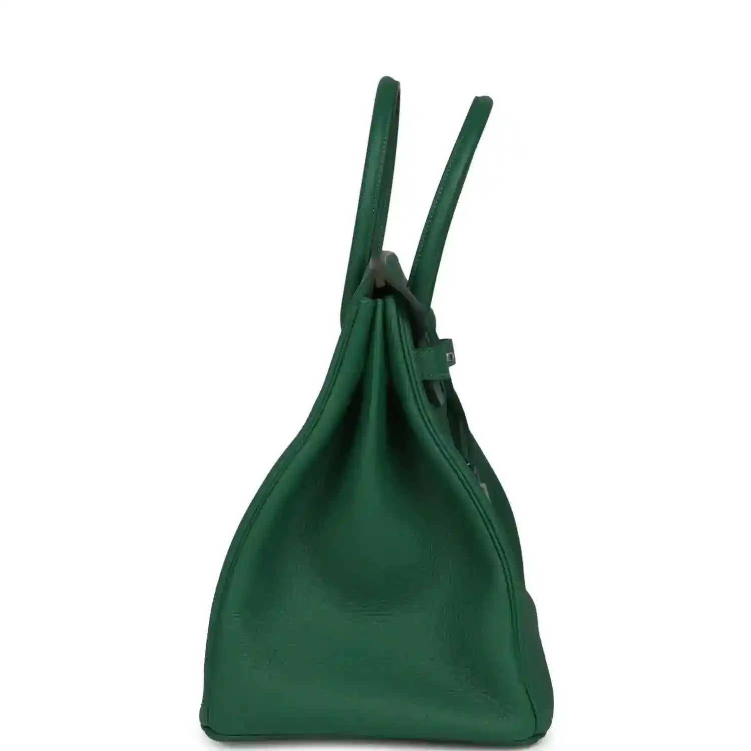 Green leather handbag with tall top handles and cinched opening at the upper edge
