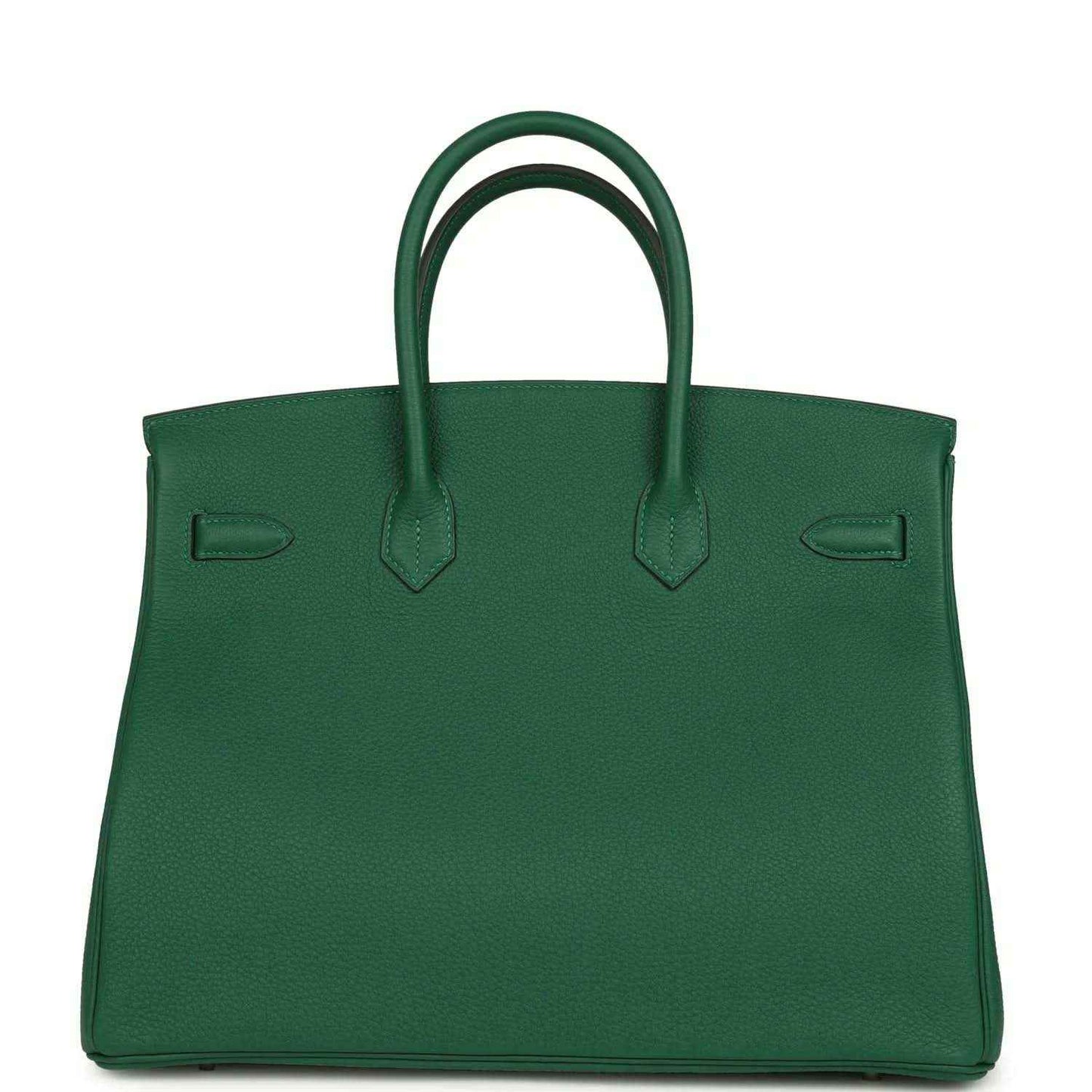 Green leather handbag with top handles and contrast stitching on front panels