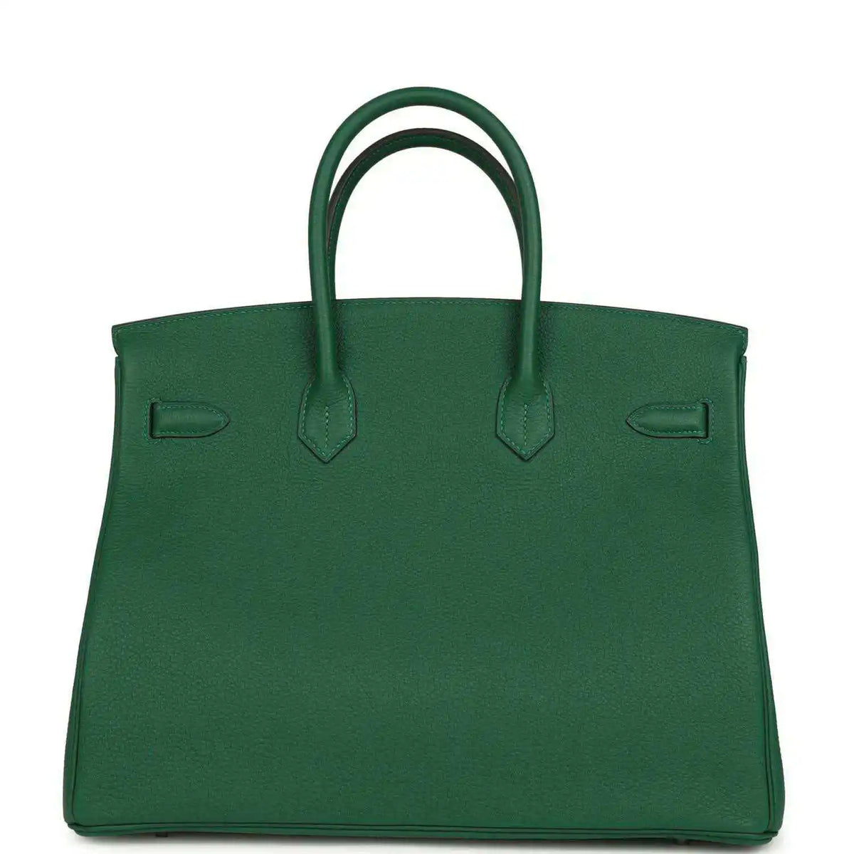 Green leather handbag with top handles and contrast stitching on front panels