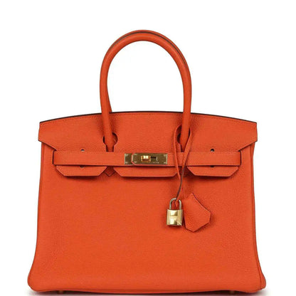 Orange leather handbag with gold-tone front clasp and top handles.
