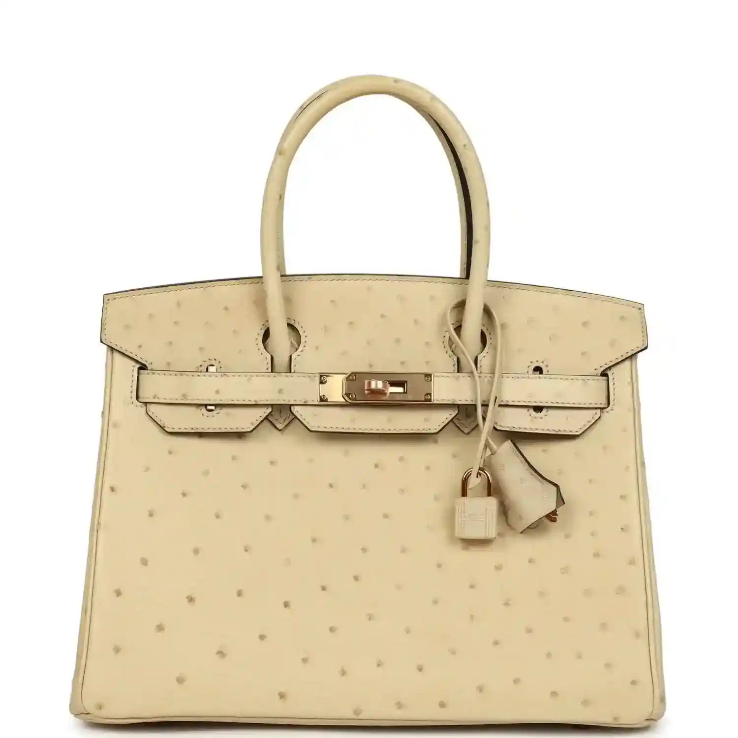 Hermes Birkin 30 ostrich bag in light beige with rose gold front clasp and handles