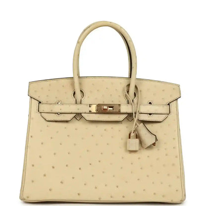 Hermes Birkin 30 ostrich bag in light beige with rose gold front clasp and handles