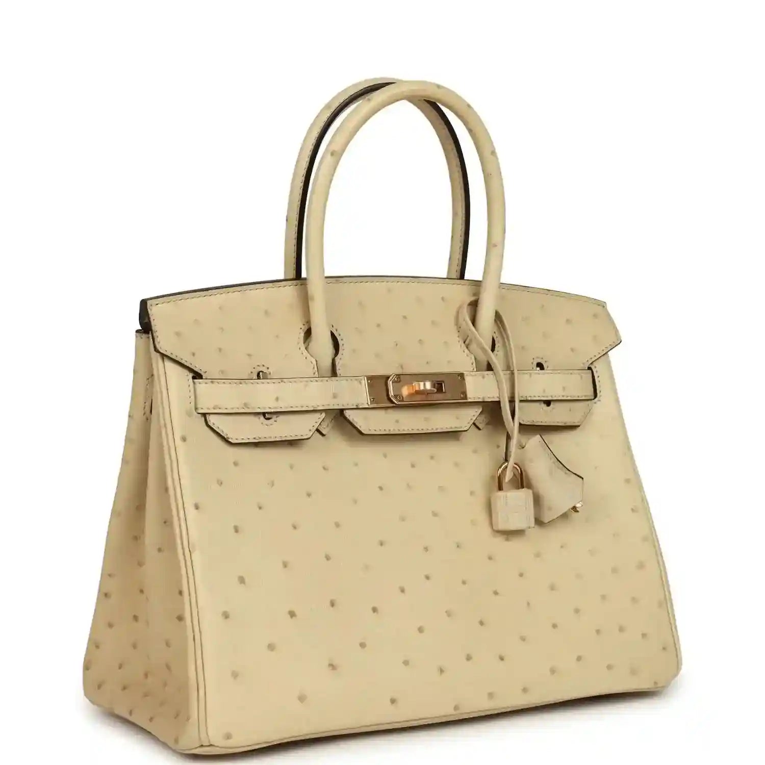 Hermes Birkin 30 ostrich bag, light beige, with front flap clasp and hanging lock charm