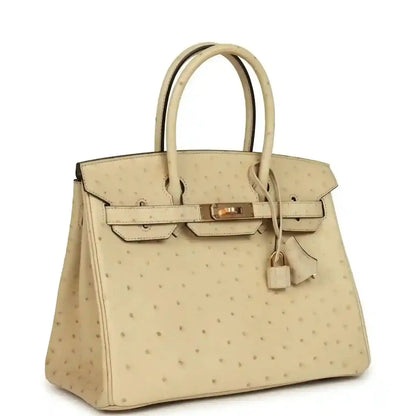 Hermes Birkin 30 ostrich bag, light beige, with front flap clasp and hanging lock charm