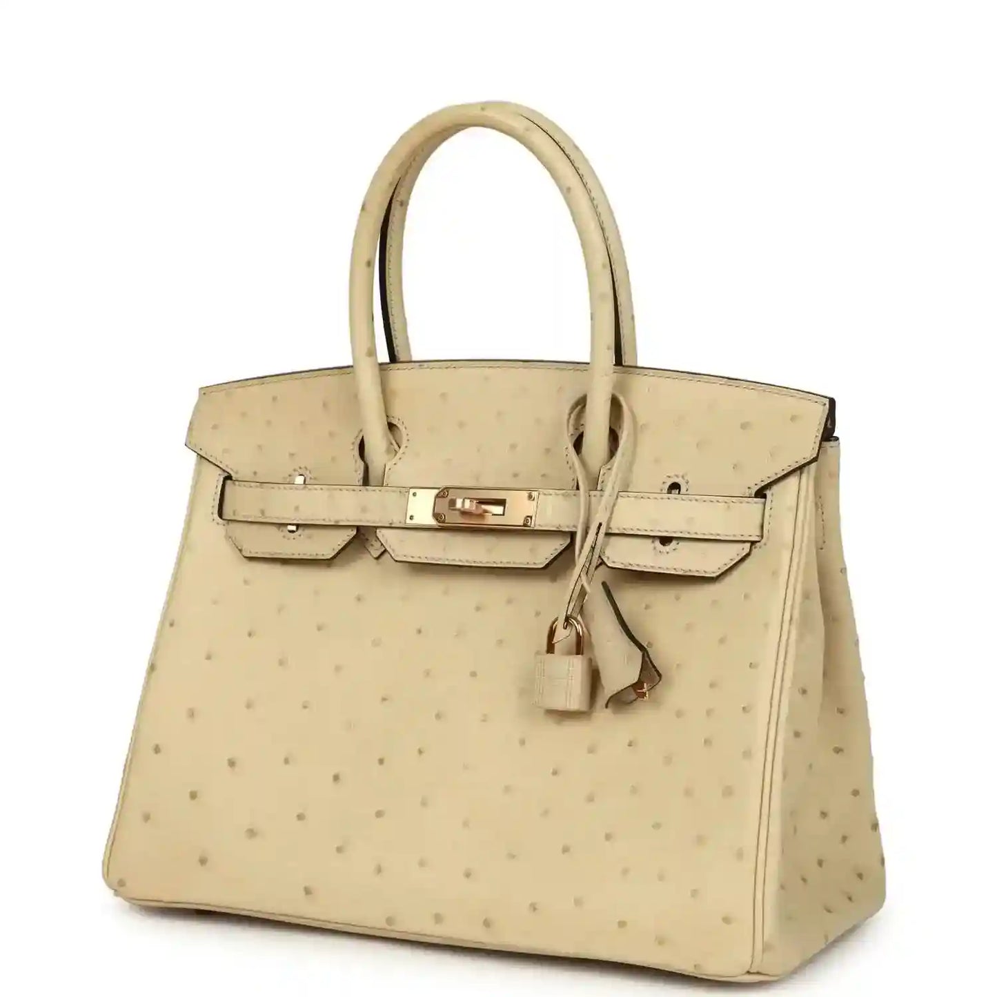 Hermes Birkin 30 ostrich bag light beige with front clasp hardware and hanging leather tag