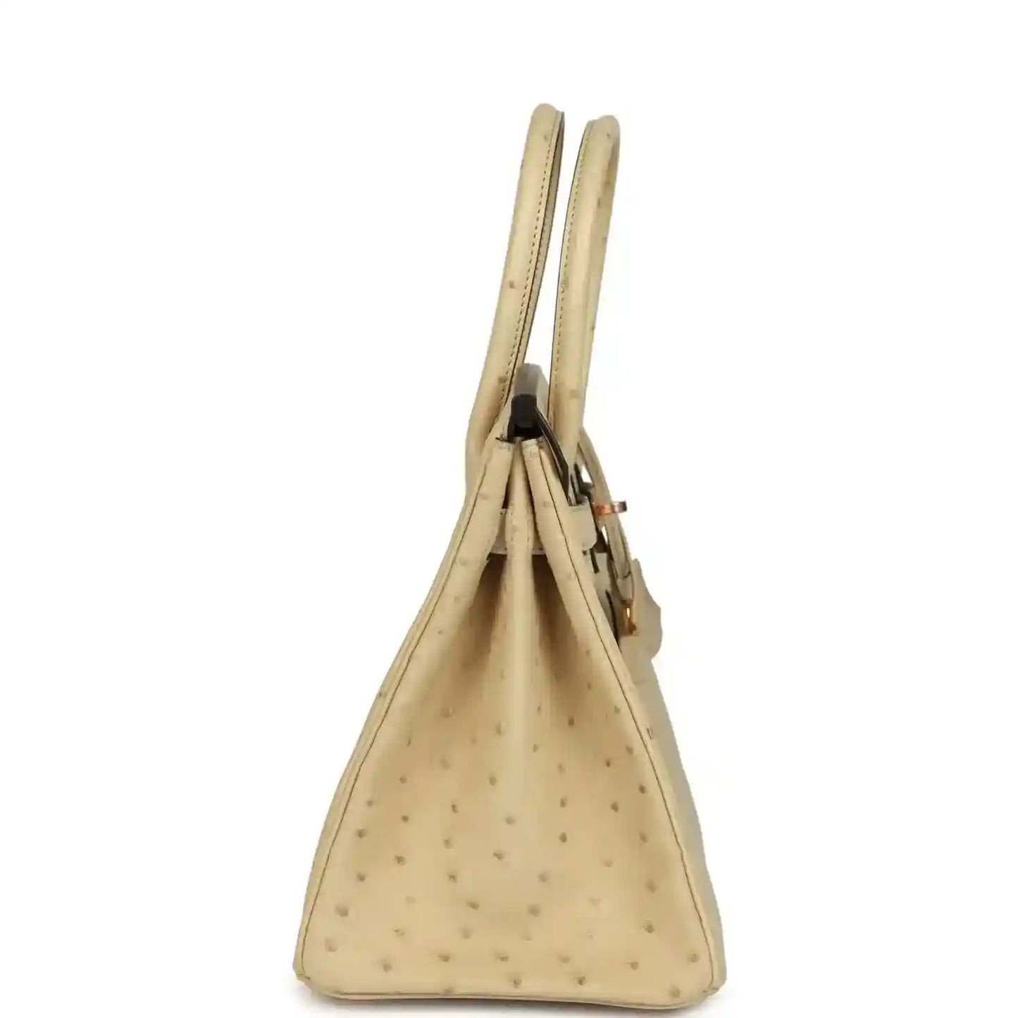 Hermes Birkin 30 ostrich bag side view in light beige with double top handles