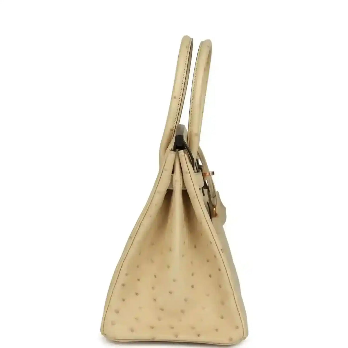 Hermes Birkin 30 ostrich bag side view in light beige with double top handles