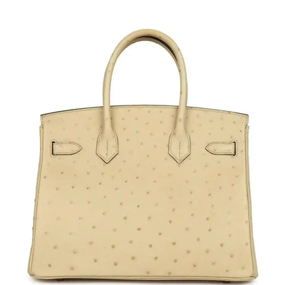 Hermes Birkin 30 ostrich bag back view in light beige with panel seams and strap loops