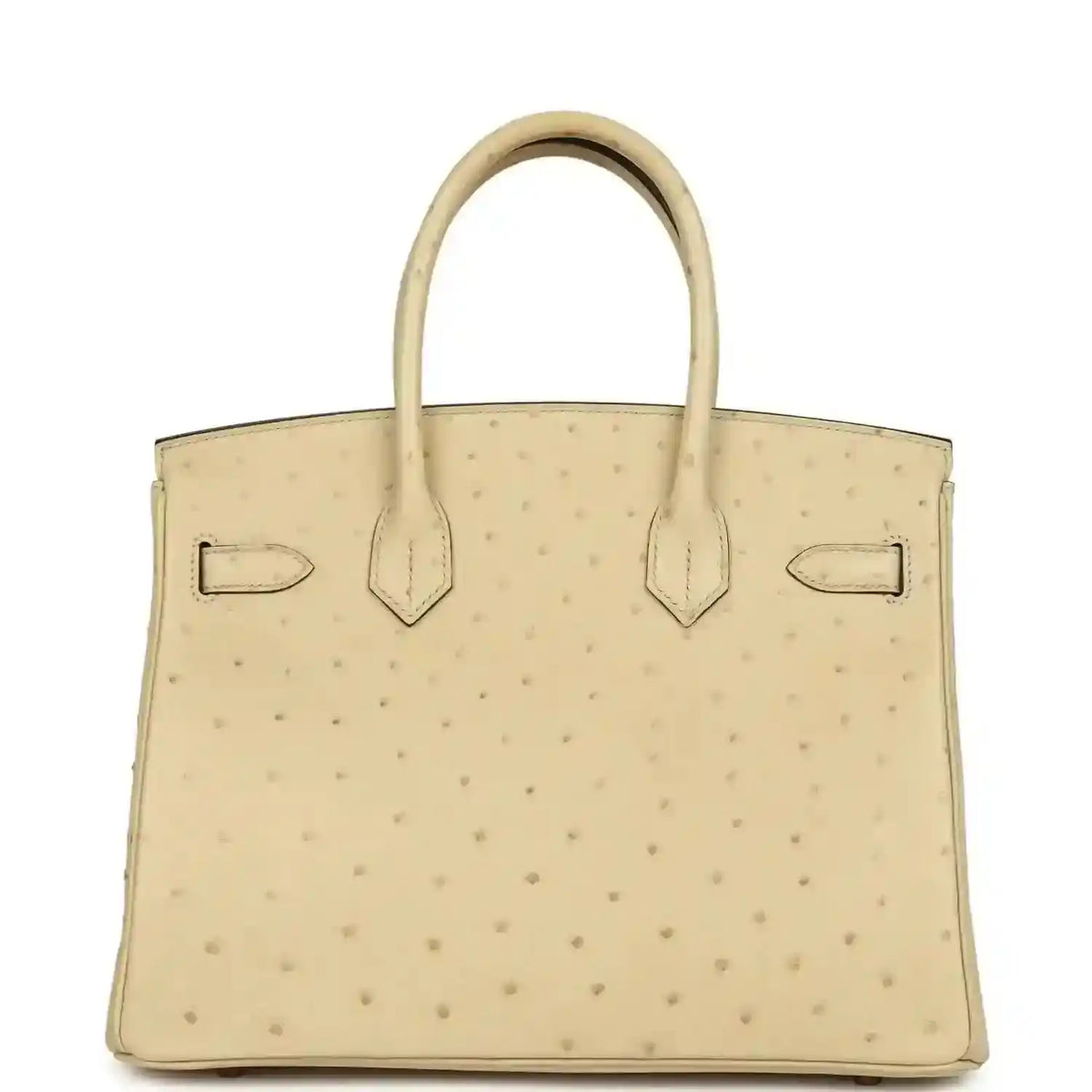 Hermes Birkin 30 ostrich bag back view in light beige with panel seams and strap loops