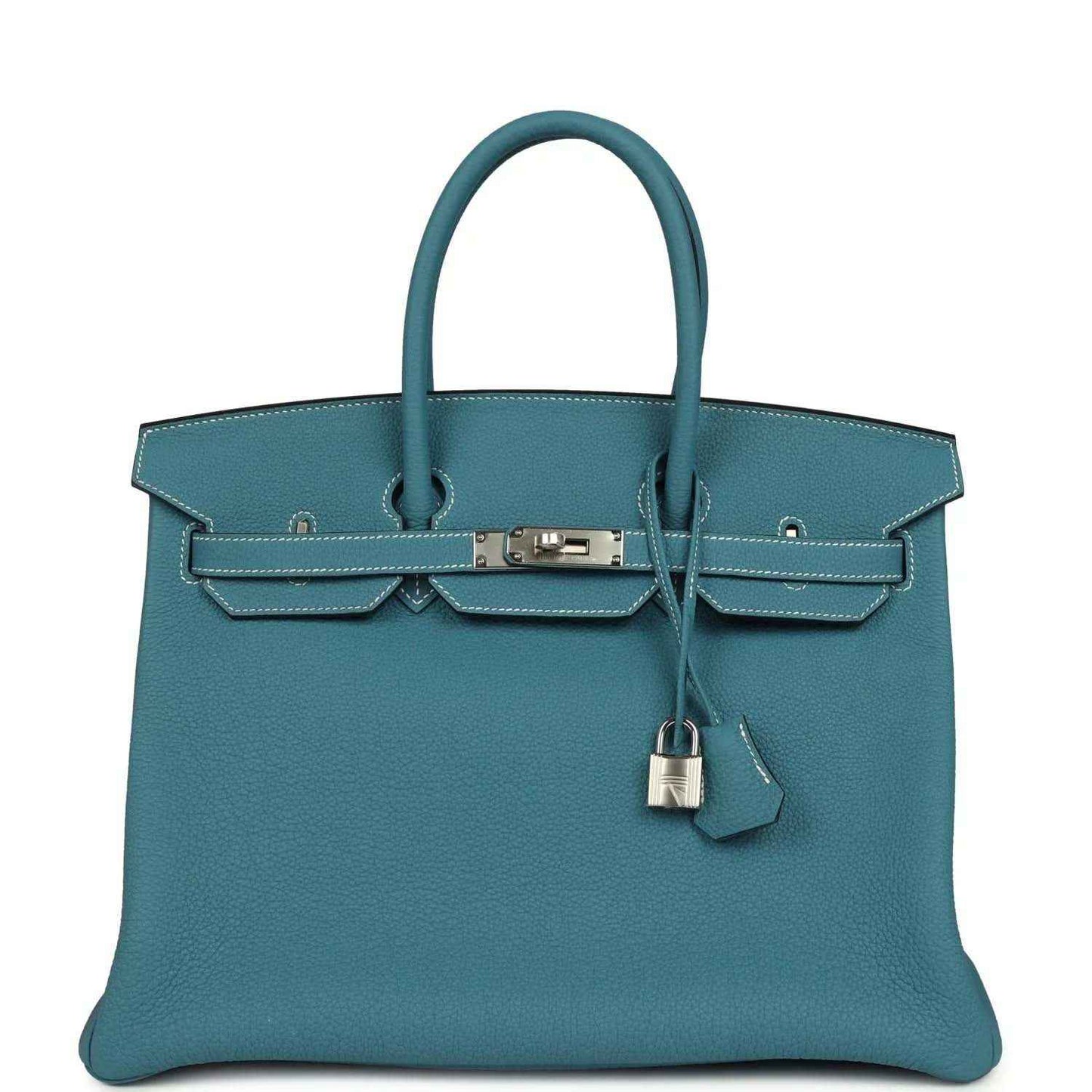 Turquoise Togo leather Birkin 35 handbag with palladium turn-lock and top handles